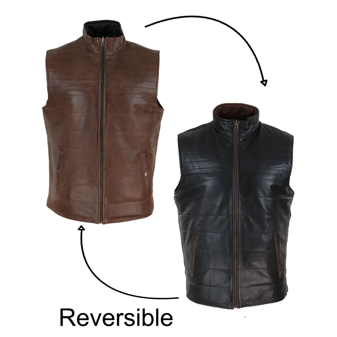 Men's Leather Black Brown Waistcoat Gilet Reversible Vest