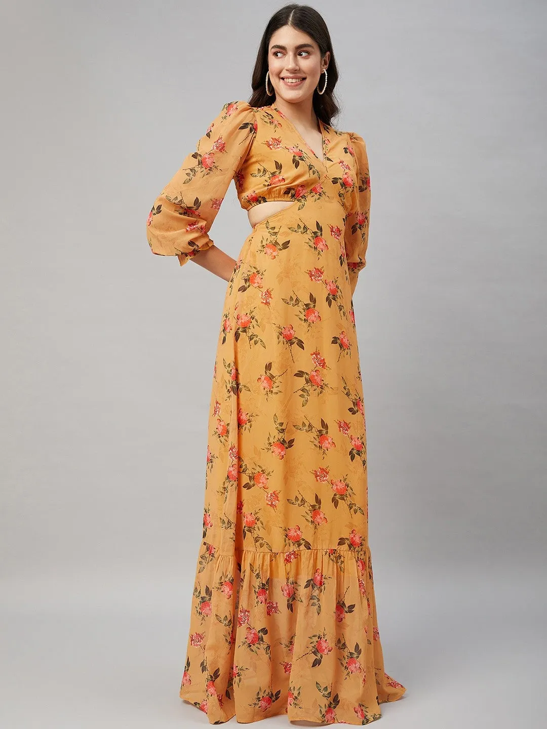 Mustard Yellow Floral Cut out maxi Dress