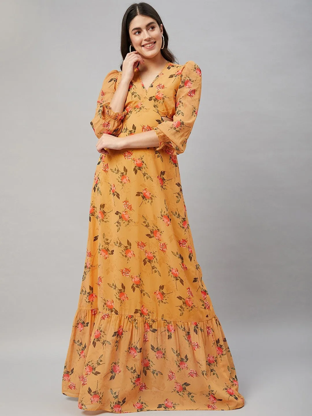 Mustard Yellow Floral Cut out maxi Dress