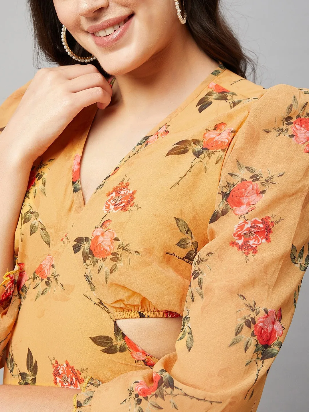 Mustard Yellow Floral Cut out maxi Dress