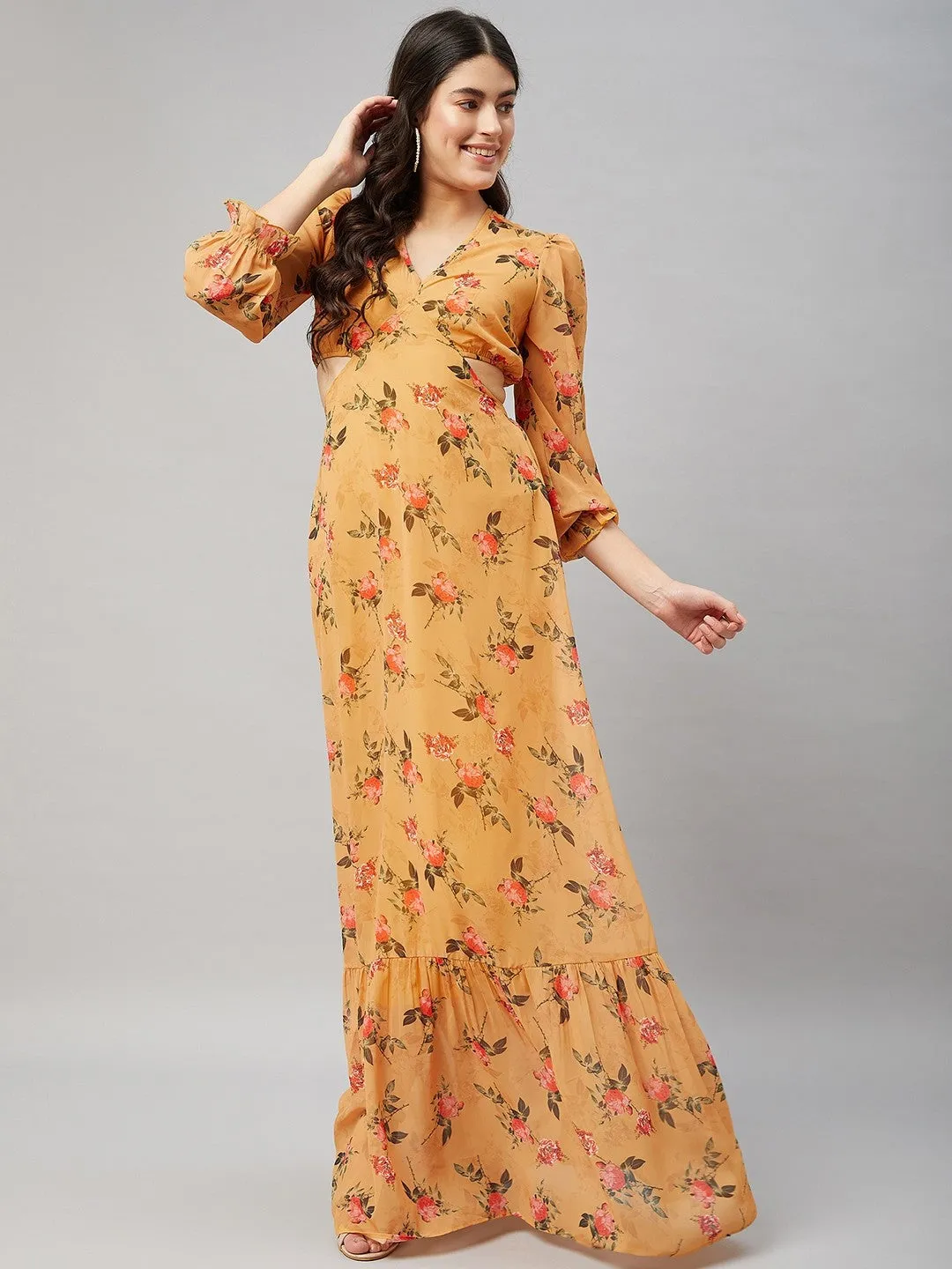 Mustard Yellow Floral Cut out maxi Dress