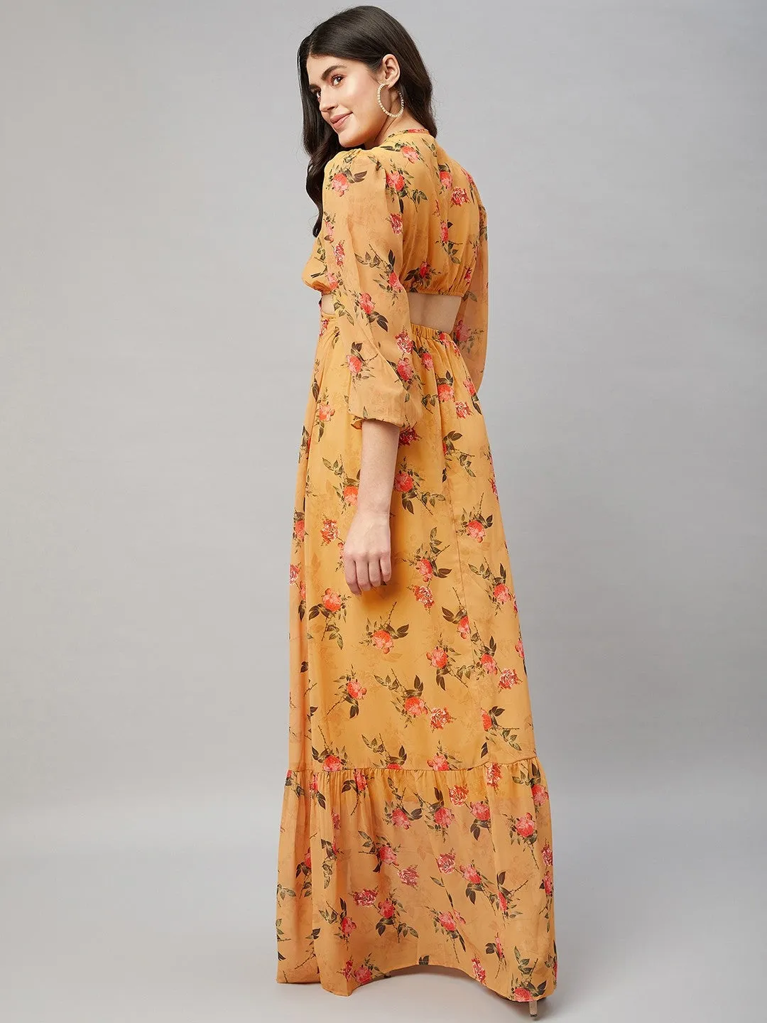 Mustard Yellow Floral Cut out maxi Dress