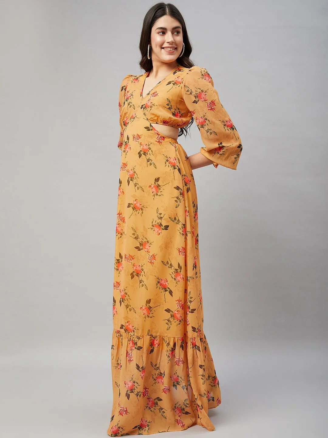 Mustard Yellow Floral Cut out maxi Dress