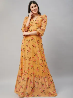 Mustard Yellow Floral Cut out maxi Dress