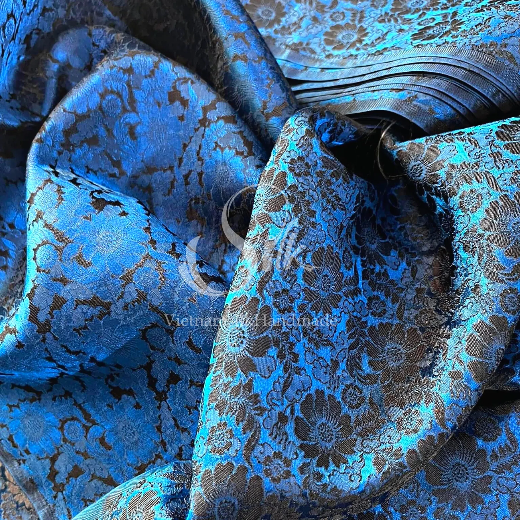 Navy Silk with Daisy Flowers -PURE MULBERRY SILK fabric by the yard -  Floral Silk -Luxury Silk - Natural silk - Handmade in VietNam- Silk with Design