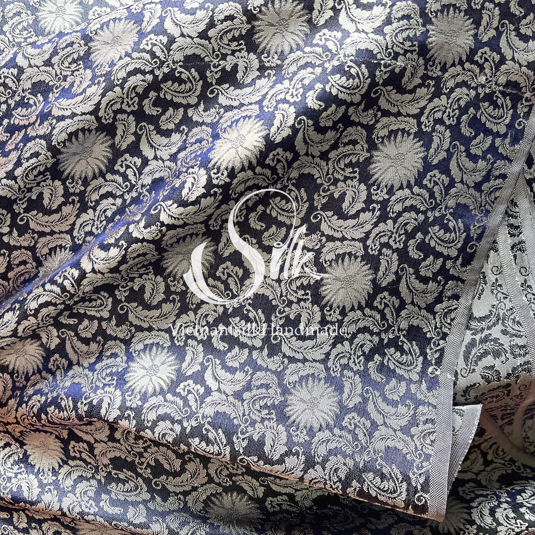 Navy Silk with Gray Flowers - Daisy design -PURE MULBERRY SILK fabric by the yard -  Floral Silk -Luxury Silk - Natural silk - Handmade in VietNam
