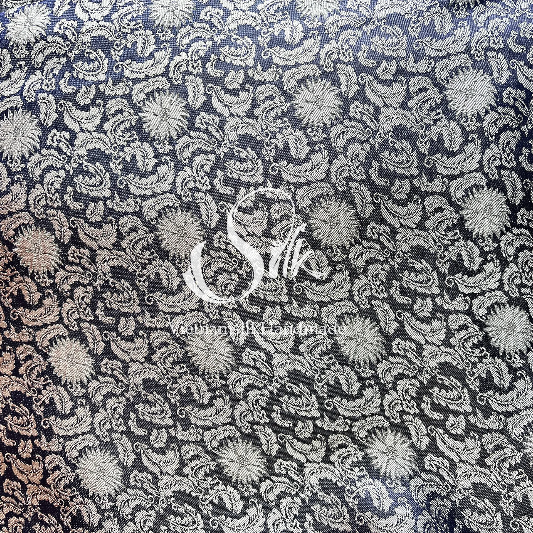 Navy Silk with Gray Flowers - Daisy design -PURE MULBERRY SILK fabric by the yard -  Floral Silk -Luxury Silk - Natural silk - Handmade in VietNam
