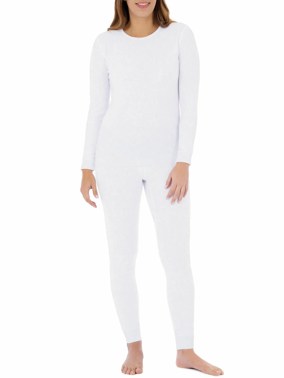 New Amazon Essentials Women's Waffle Thermal Undewear Crew Top and Bottom Set White, Sz Large! Great as Pj's!!