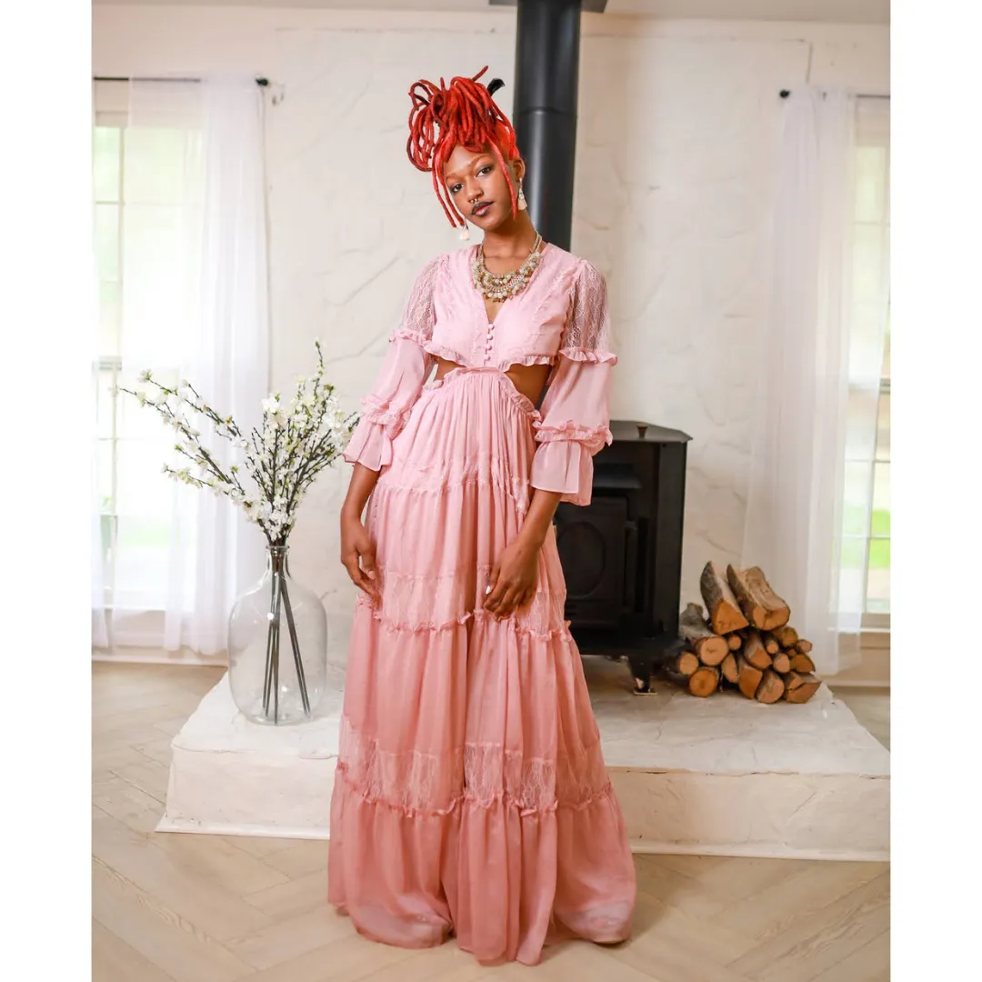 Pink Rose Chiffon Maxi Dress
