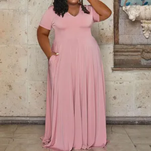 Plus Size Solid V Neck Maxi Dress