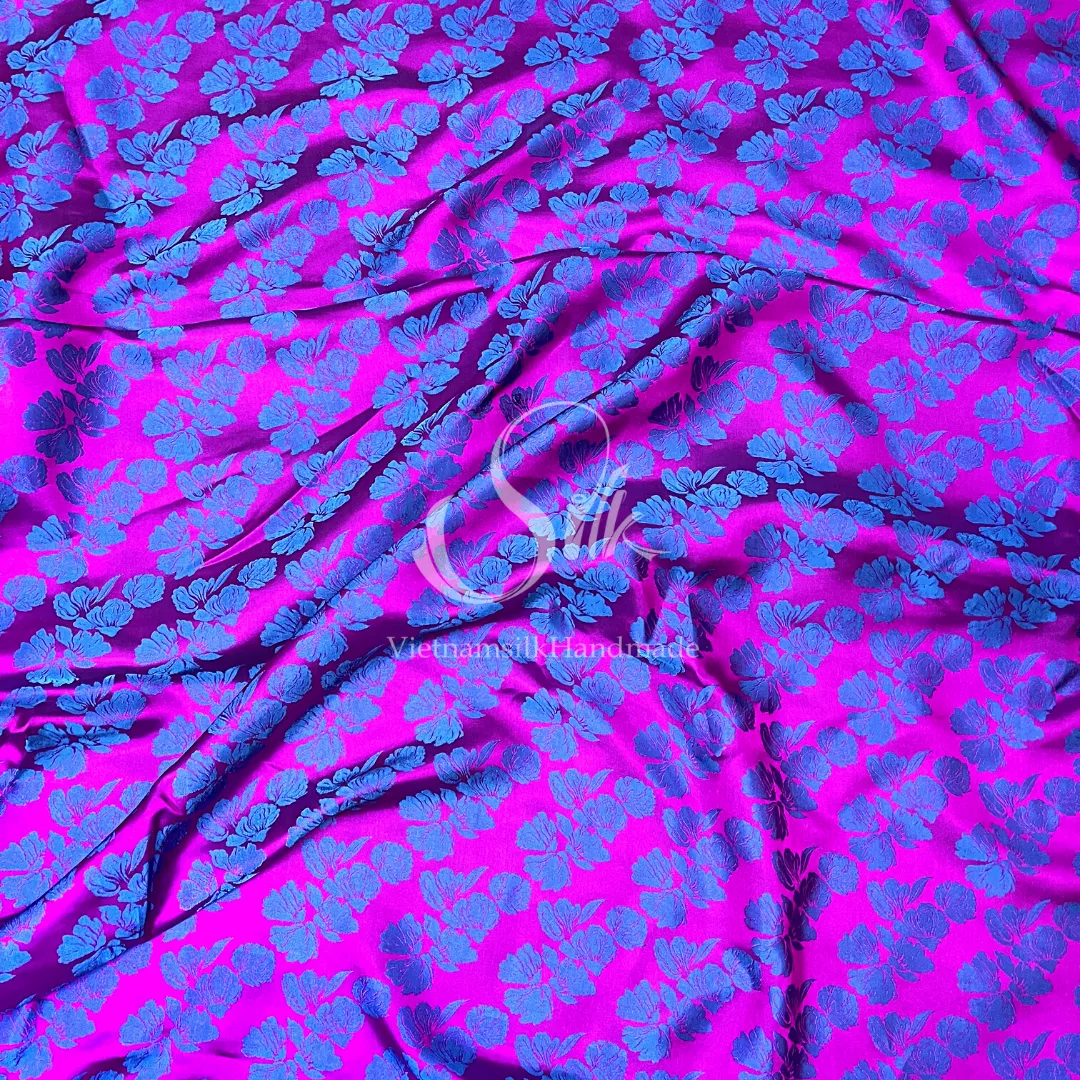 Purple Silk with Big Navy Flowers - PURE MULBERRY SILK fabric by the yard -  Floral Silk -Luxury Silk - Natural silk - Handmade in VietNam
