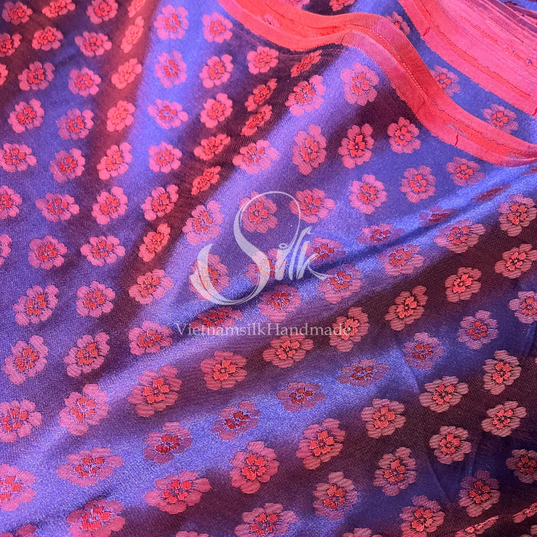 Purple Silk with Peach flowers Pattern - PURE MULBERRY SILK fabric by the yard -  Floral Silk -Luxury Silk - Natural silk - Handmade in VietNam