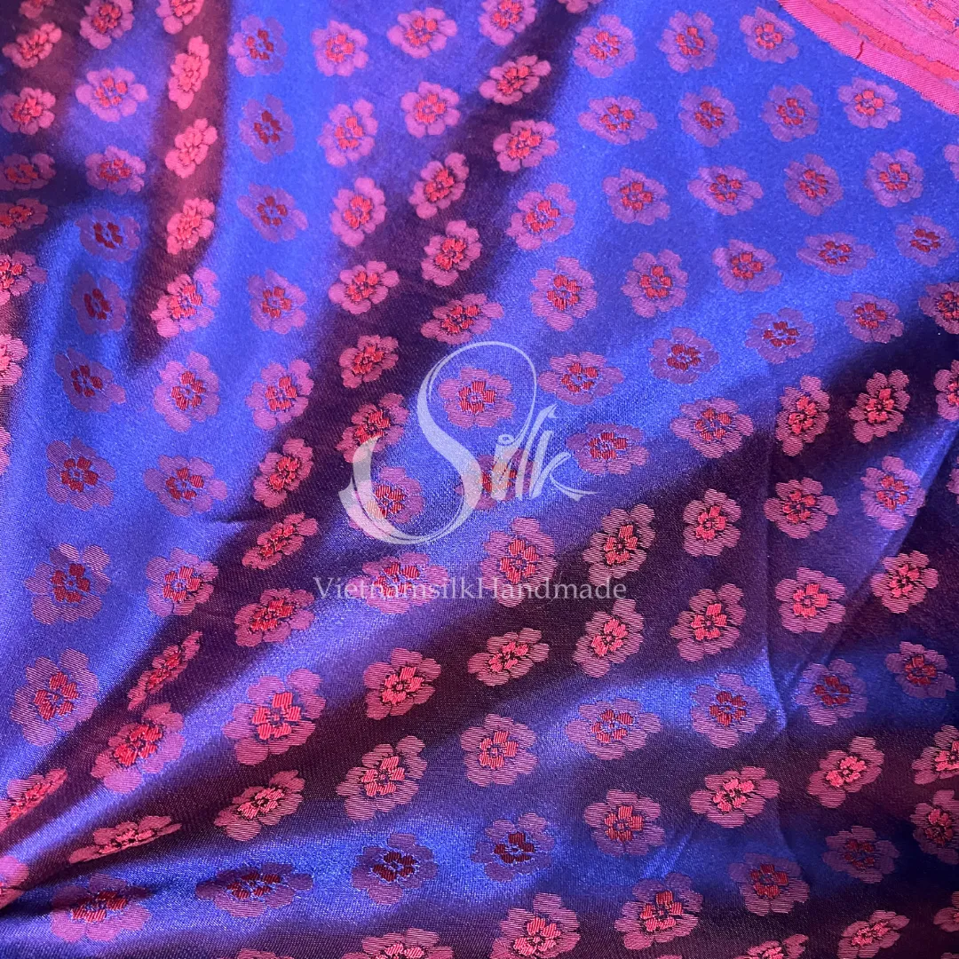 Purple Silk with Peach flowers Pattern - PURE MULBERRY SILK fabric by the yard -  Floral Silk -Luxury Silk - Natural silk - Handmade in VietNam