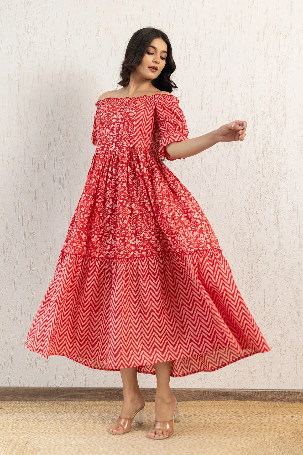 RED OFF SHOULDER COTTON MAXI