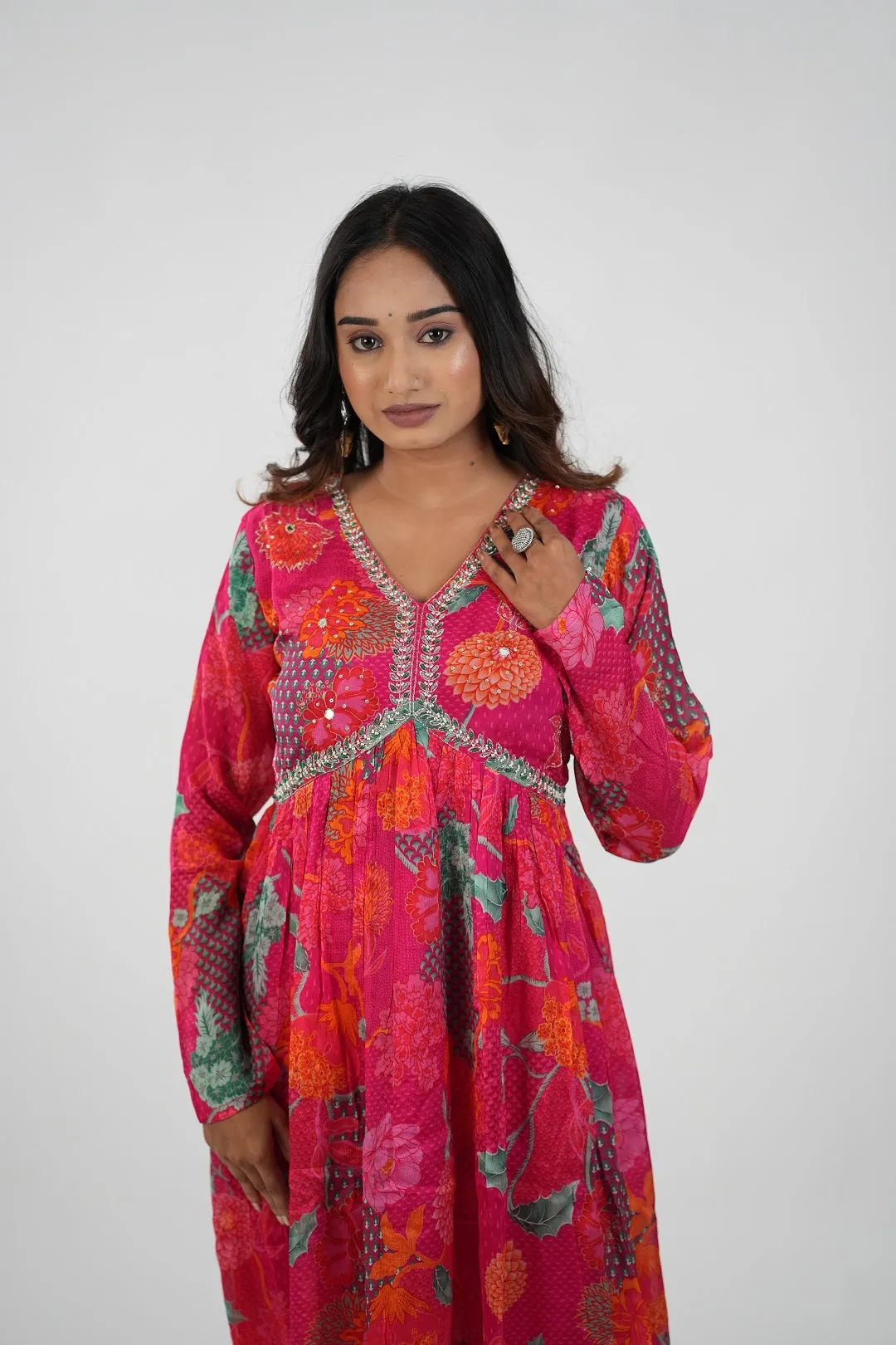 Satrangi Women's Pink Flower Print Dress & Pink Pant Set in CHINON