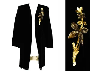 Size 10 1940s Black Velvet Coat - 40s Evening Jacket with Gold Sequins Flower & Quilted Lining - Authentic WWII Era Formal Wear - Bust 38