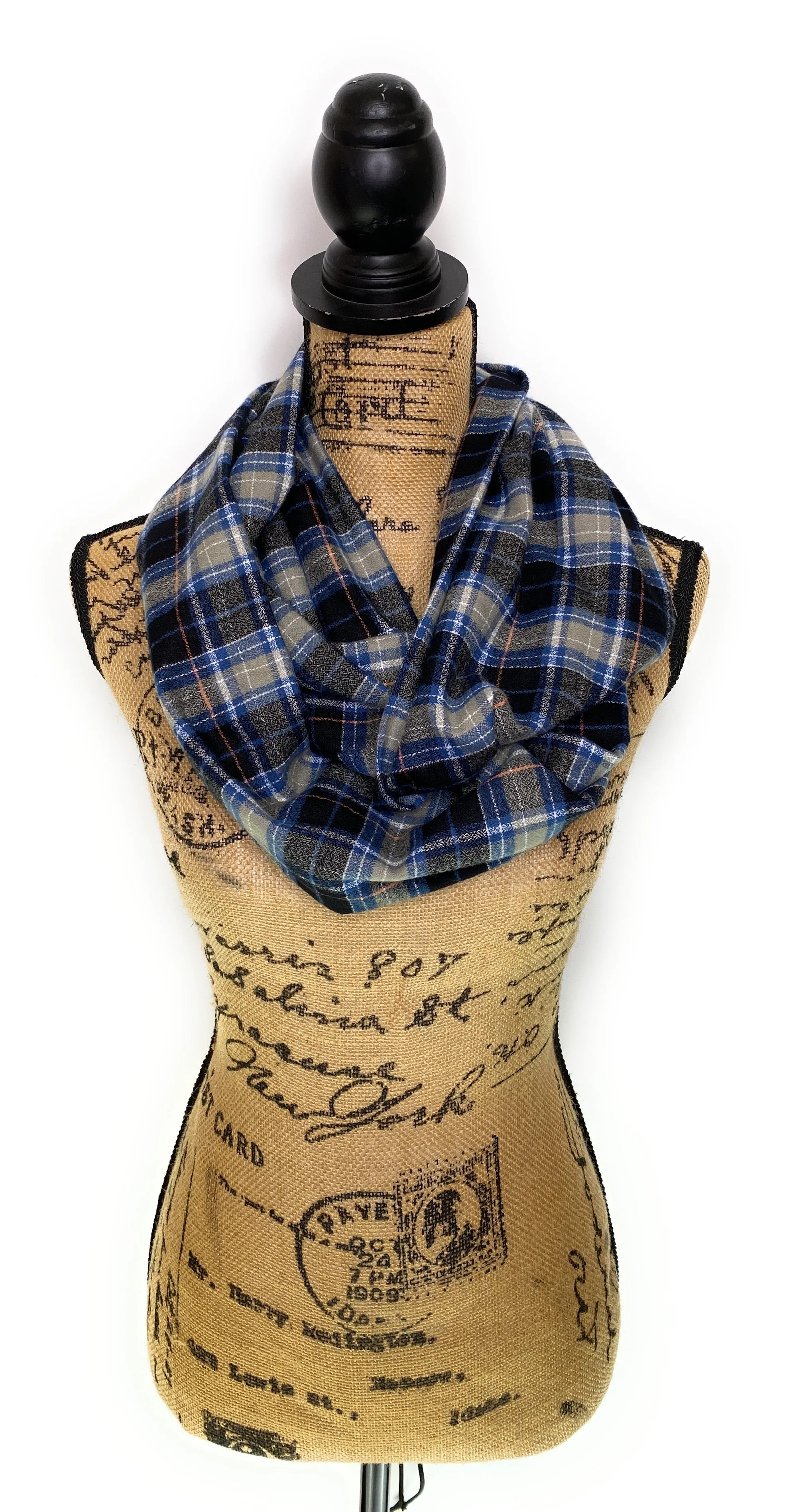 Smokey Grey, Dusty Blue, Black, and White Luxe Collection Plaid Infinity and Blanket Scarves