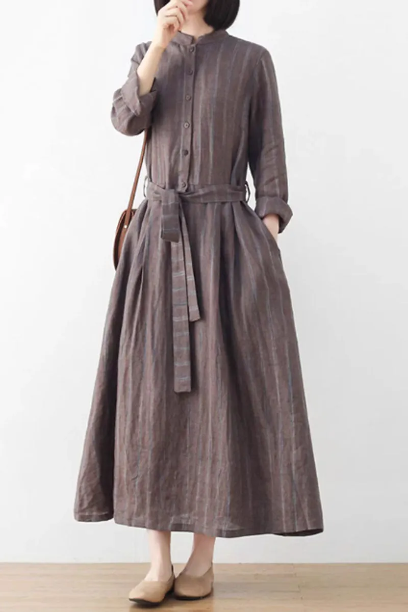 striple long sleeves linen dress women 4828