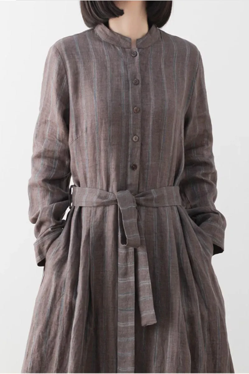 striple long sleeves linen dress women 4828