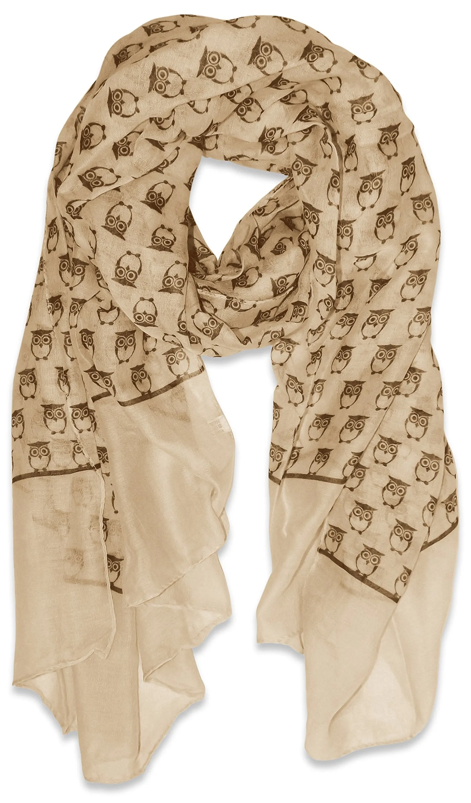 Tan Peach Couture Summer Lightweight Soft Animal Bird Owl Printed Sheer Scarf Shawl