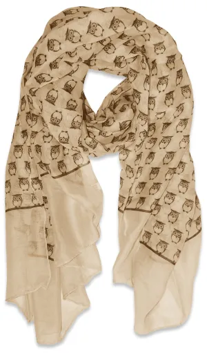 Tan Peach Couture Summer Lightweight Soft Animal Bird Owl Printed Sheer Scarf Shawl