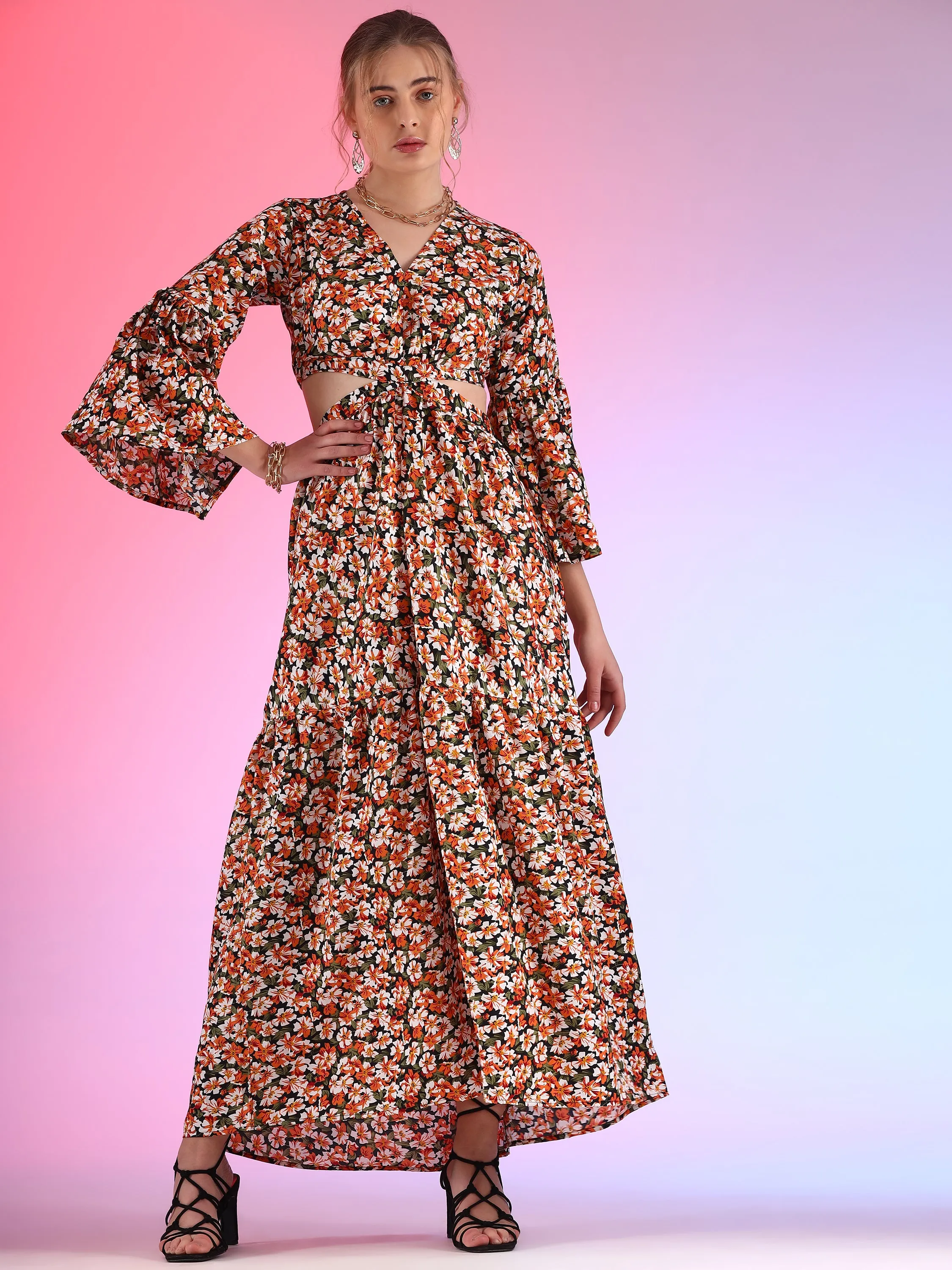 Vibrant Verve Full Sleeve V-Neck Georgette Dress