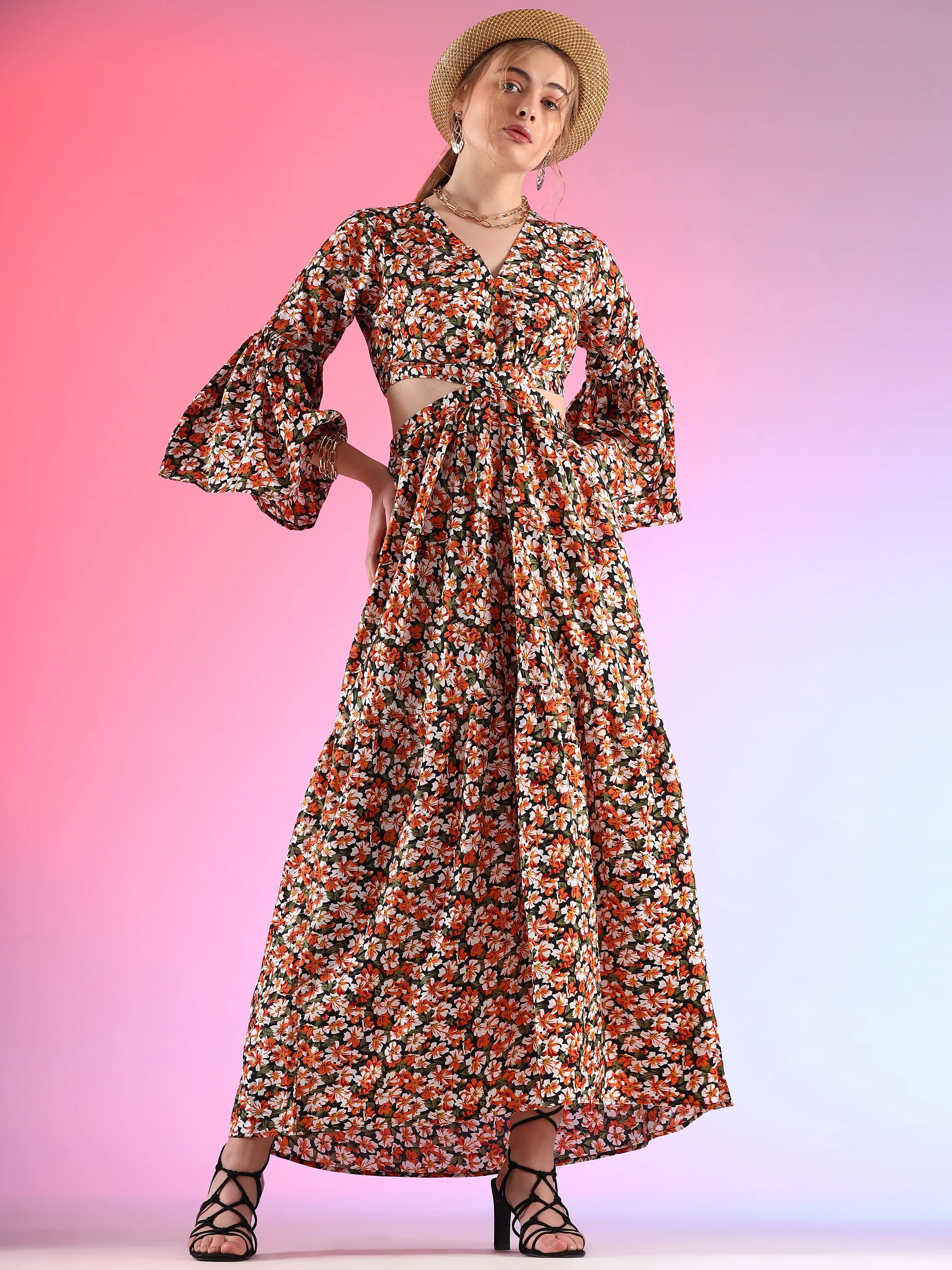 Vibrant Verve Full Sleeve V-Neck Georgette Dress