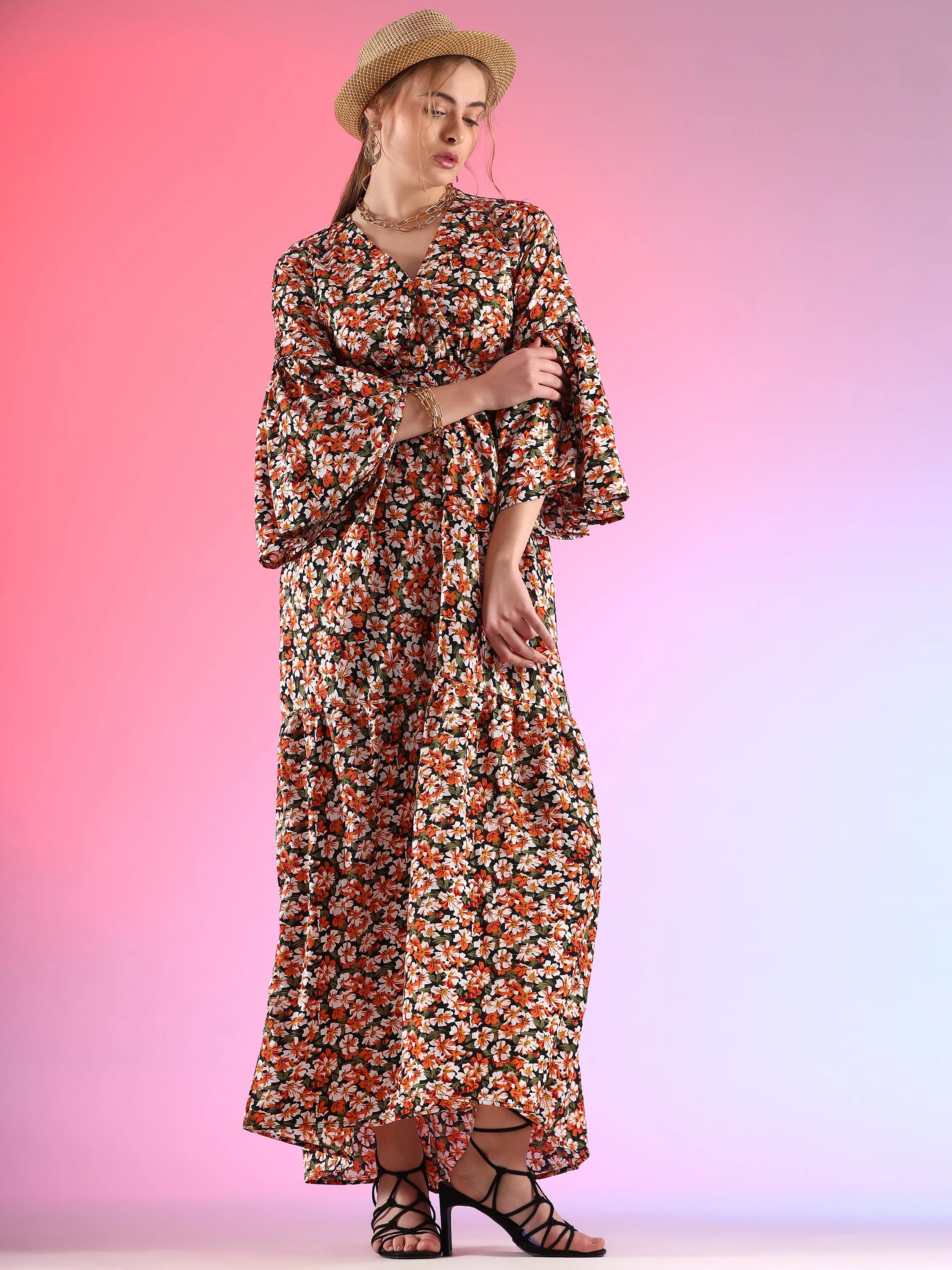 Vibrant Verve Full Sleeve V-Neck Georgette Dress