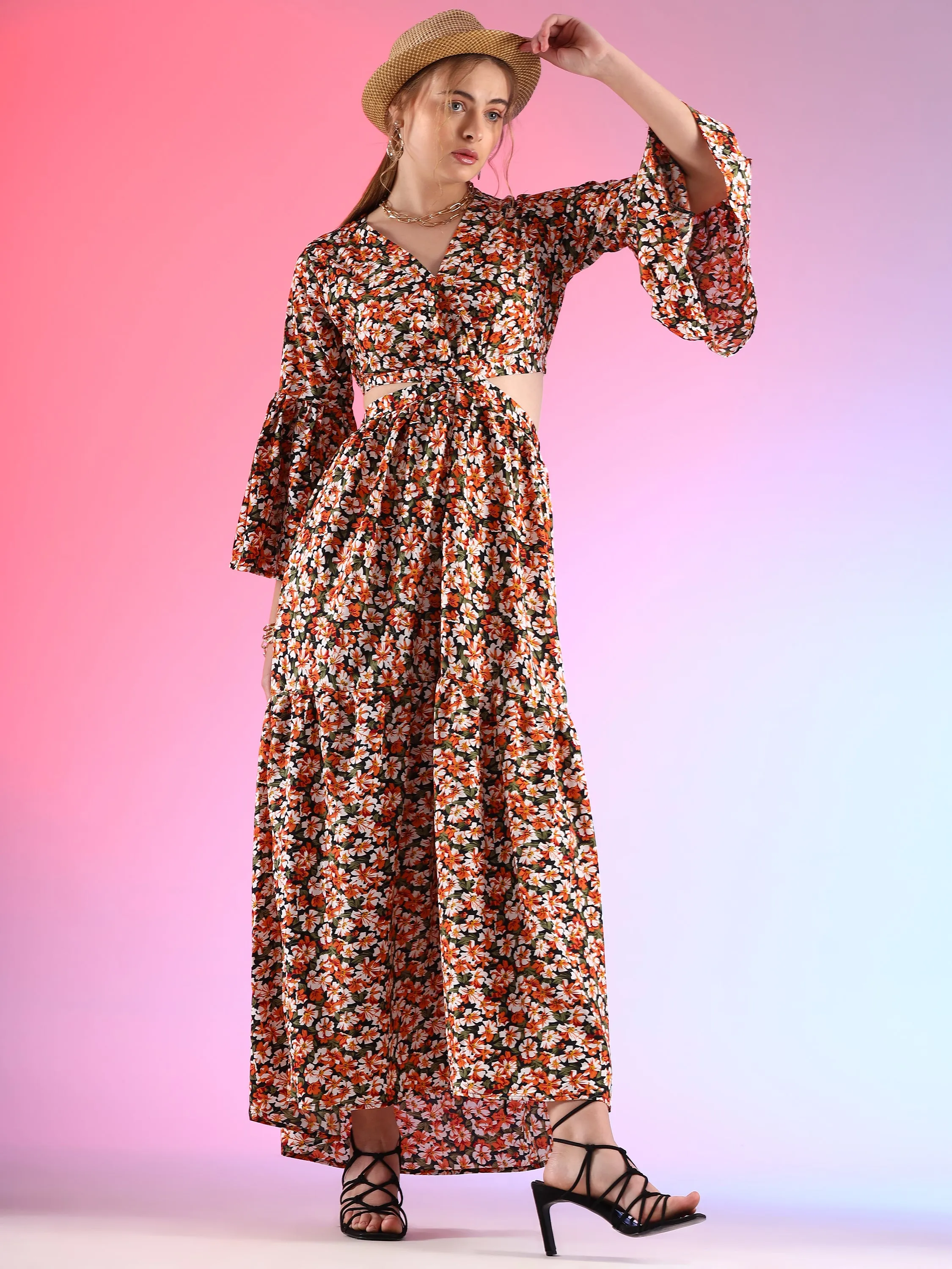 Vibrant Verve Full Sleeve V-Neck Georgette Dress