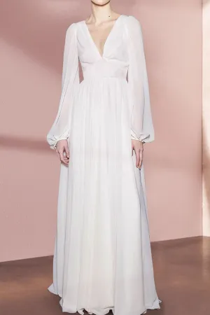 White long sleeves v neck dress 4444