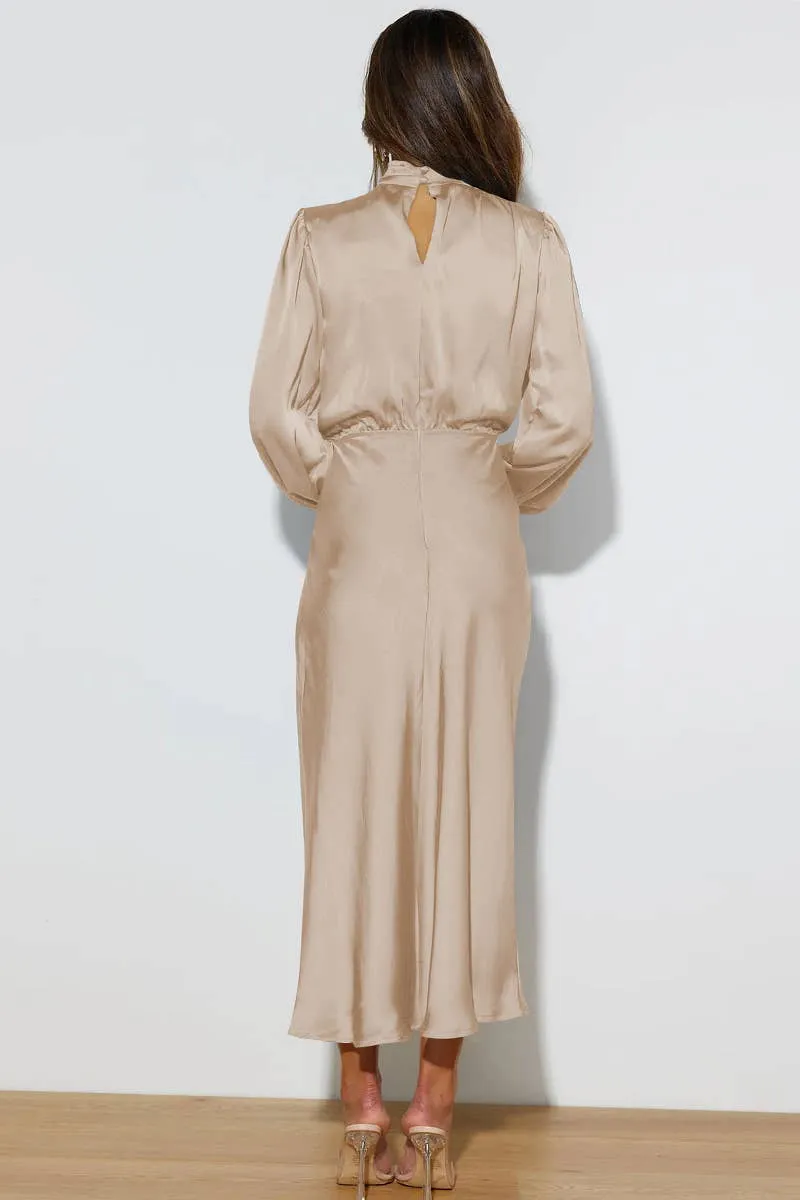 Women's elegant champagne satin midi dress