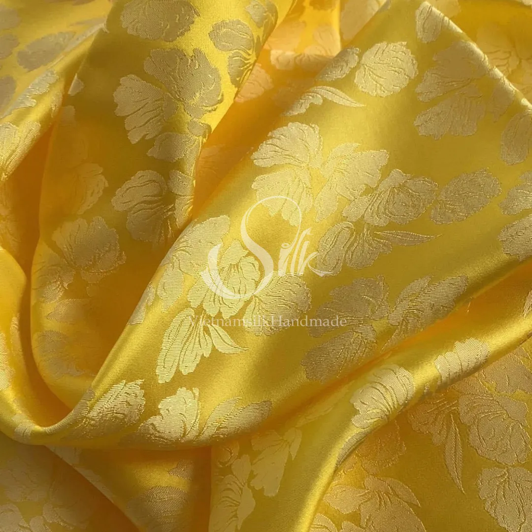 Yellow Floral Silk - PURE MULBERRY SILK fabric by the yard - Floral Silk -Luxury Silk - Natural silk - Handmade in VietNam- Silk with Design